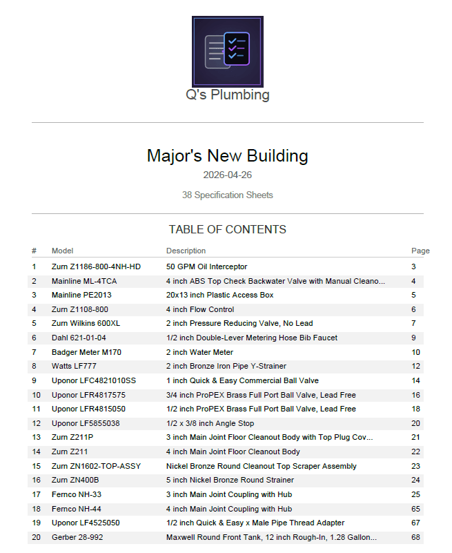 Completed submittal package with cover page, table of contents, and 38 specification sheets